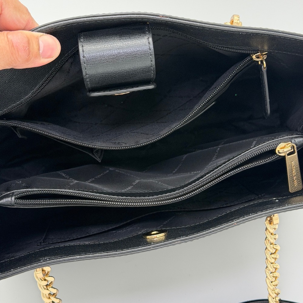 Michael Kors Ellis Large Black Leather Gold Chain Shoulder Tote‎ Bag Purse - Picture 2 of 13